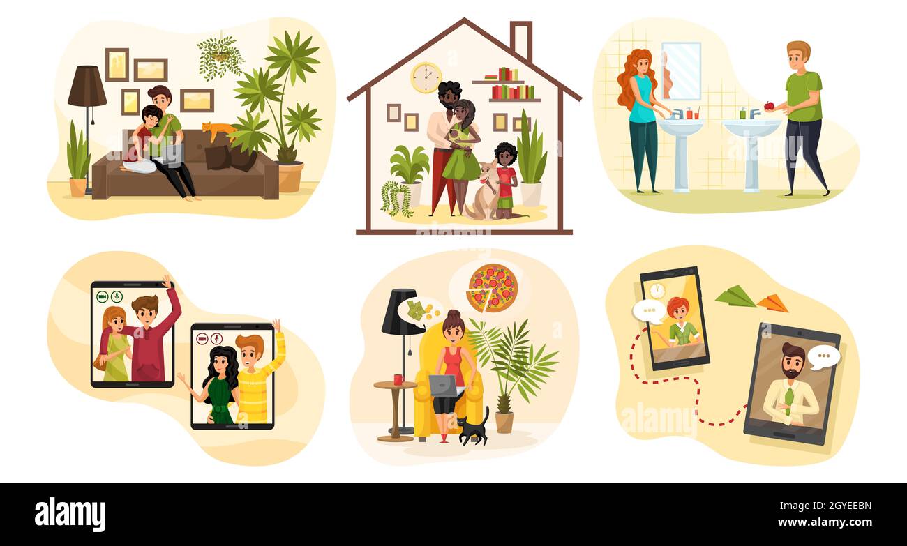 Communication Coronavirus Quarantine Family Set Concept Collection Of People Men Women Father Mother Child Couples Staying Home At Quarantine Dom Stock Photo Alamy