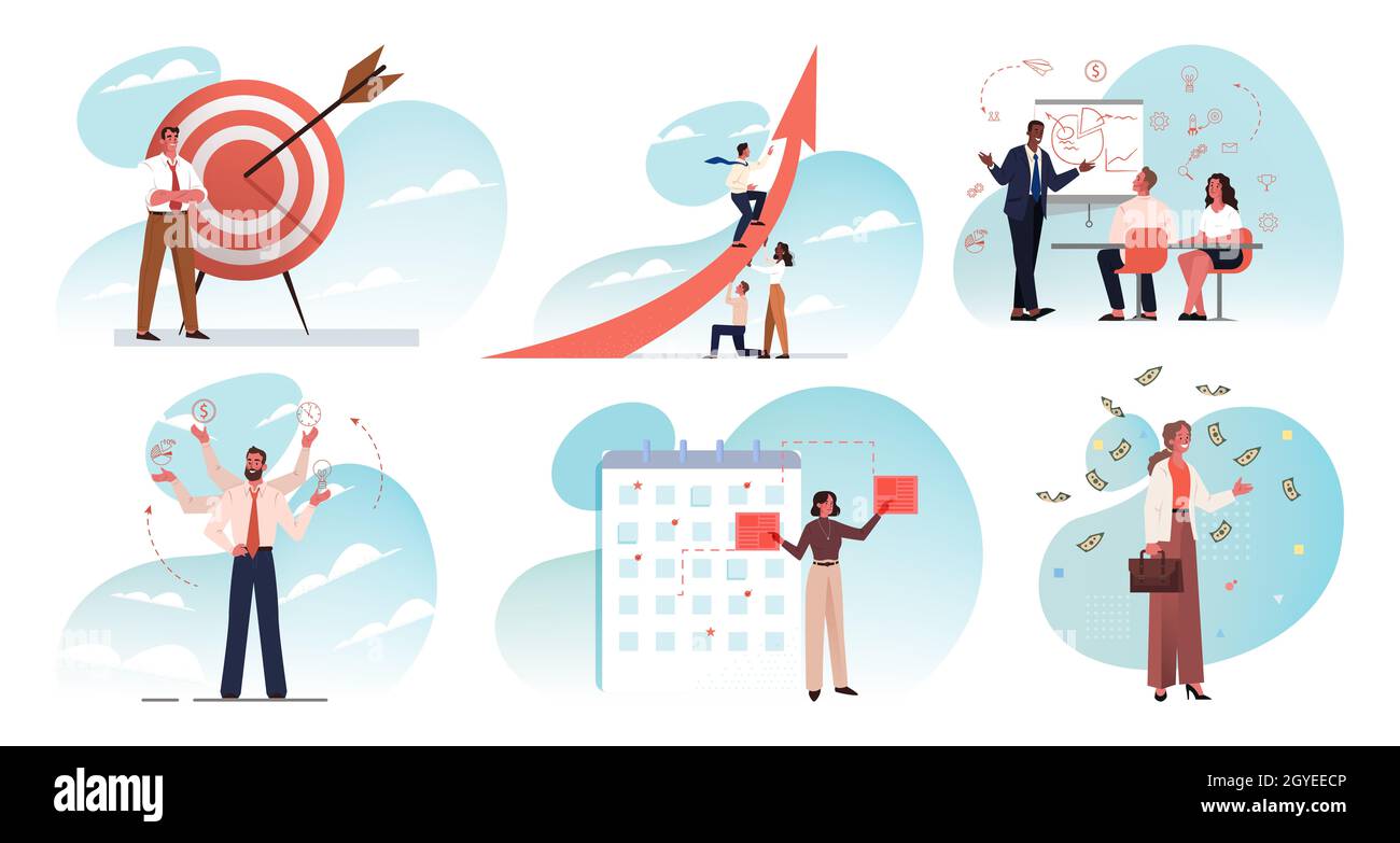 Business, teamwork, plan, training, multitasking, targeting, goal achievement, leadership set concept. Collection of team of businessmen women clerks Stock Photo