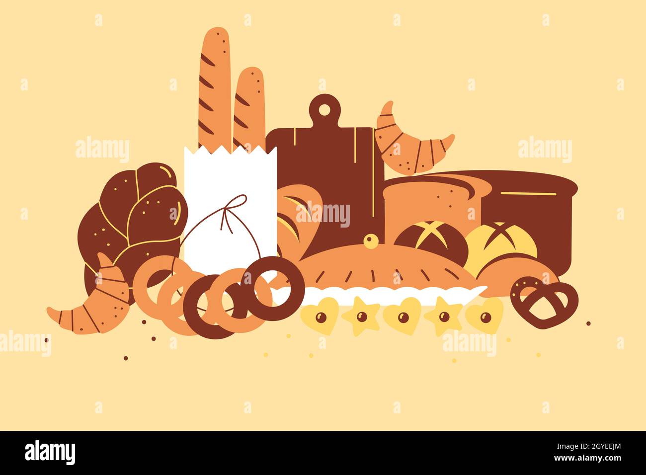 Bakery doodle set. Hand drawn bread loaves pastry cookies toasts buns ...