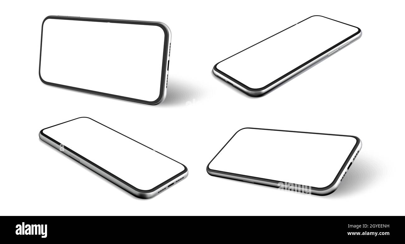 Realistic mobile phones set. Collection of realism style drawn cellphone frame with blank display template. Illustration of portable information smart Stock Photo