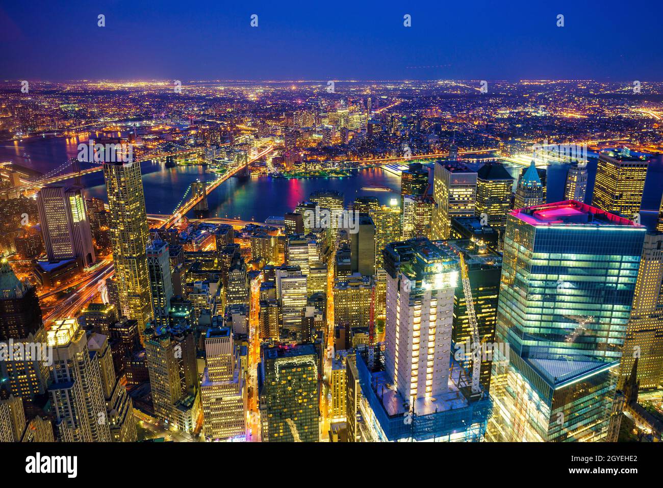New York City Manhattan downtown skyline at night Stock Photo - Alamy