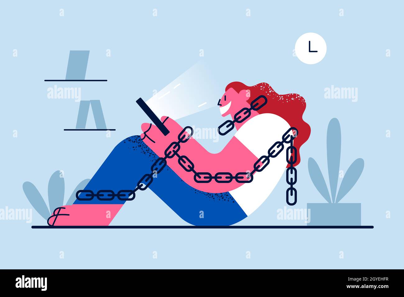 Addiction to internet and smartphone concept. Young girl cartoon ...