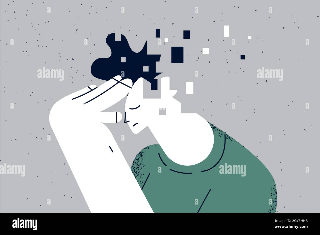 Memory loss and dementia, brain damage concept. Profile of sad man ...