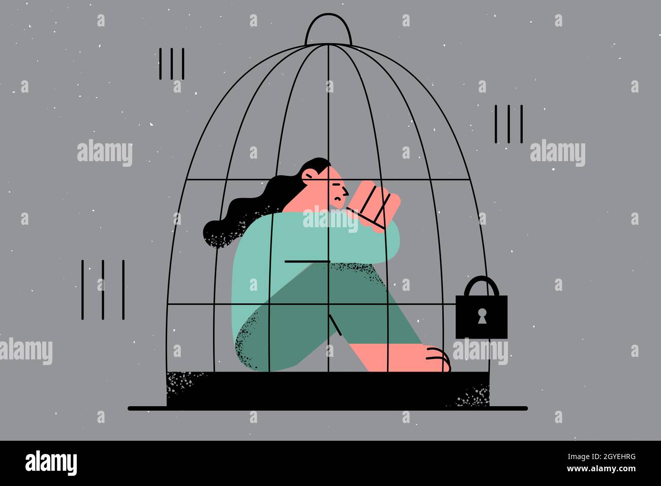 Depression, abuse, violence concept. Despaired woman sitting in cage having family problems, pressure at work over grey background vector illustration Stock Photo