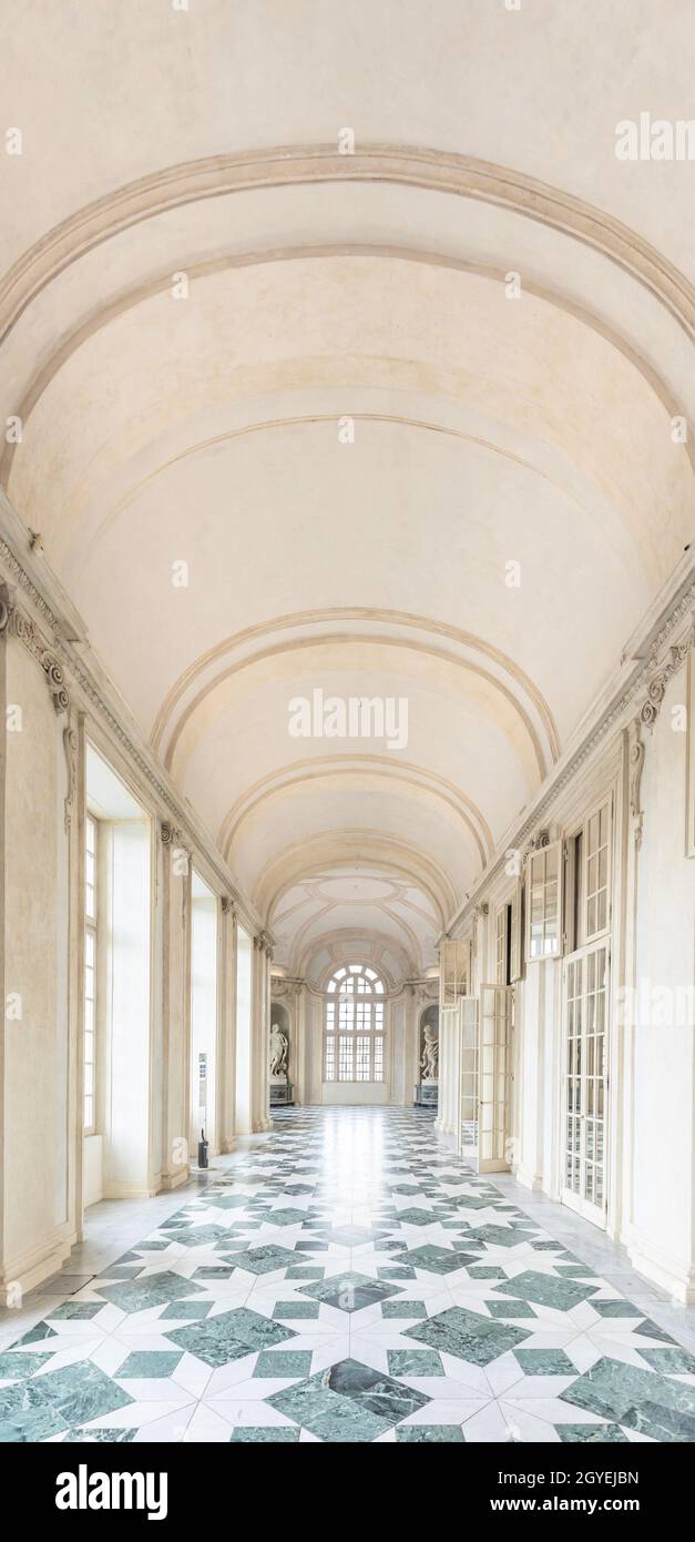 VENARIA REALE, ITALY - CIRCA MAY 2021: corridor with floor made of luxury marbles. Plenty of elegance for this Italian interior in Venaria Reale, Pied Stock Photo