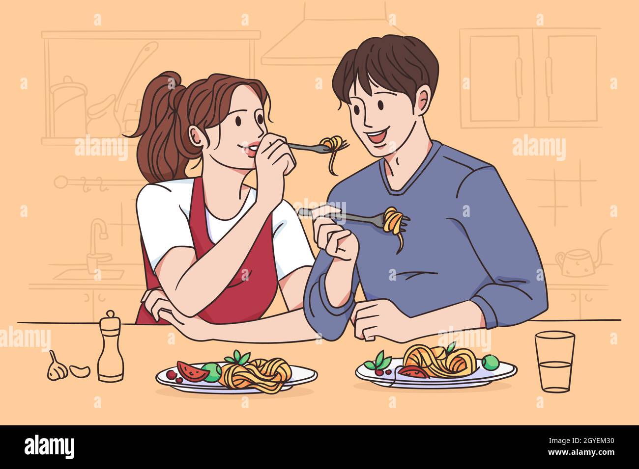 Eating pasta together concept. Young happy couple cartoon characters  sitting at table eating fresh italian cuisine pasta noodles together vector  illus Stock Photo - Alamy