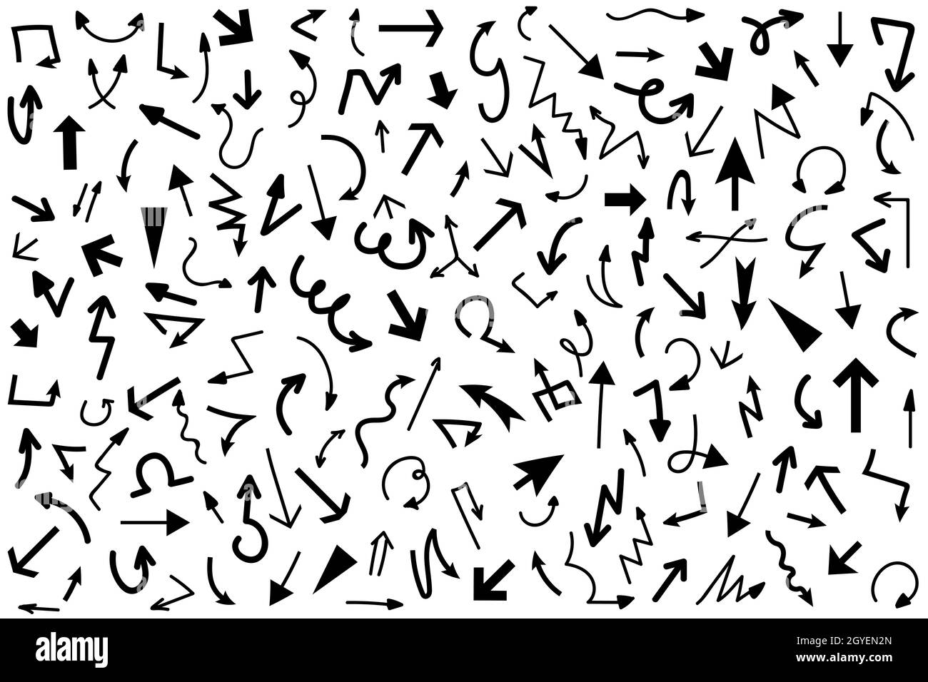 Arrows doodle set. Big collection of different shape round twisted arrowhead computer cursors pointers on white background. Navigation symbol vector a Stock Photo