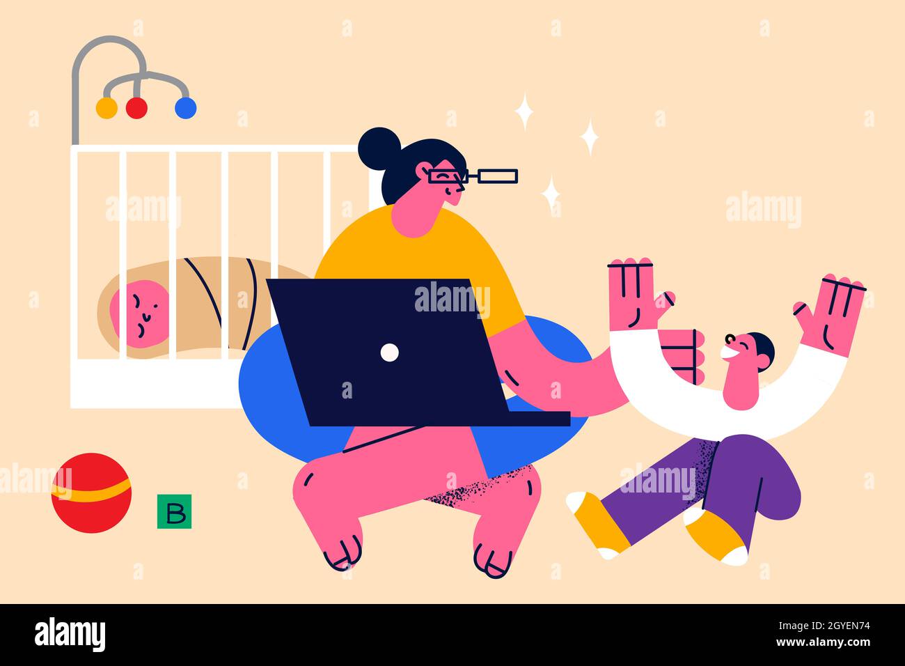 Motherhood and happy childhood concept. Young mother woman sitting on