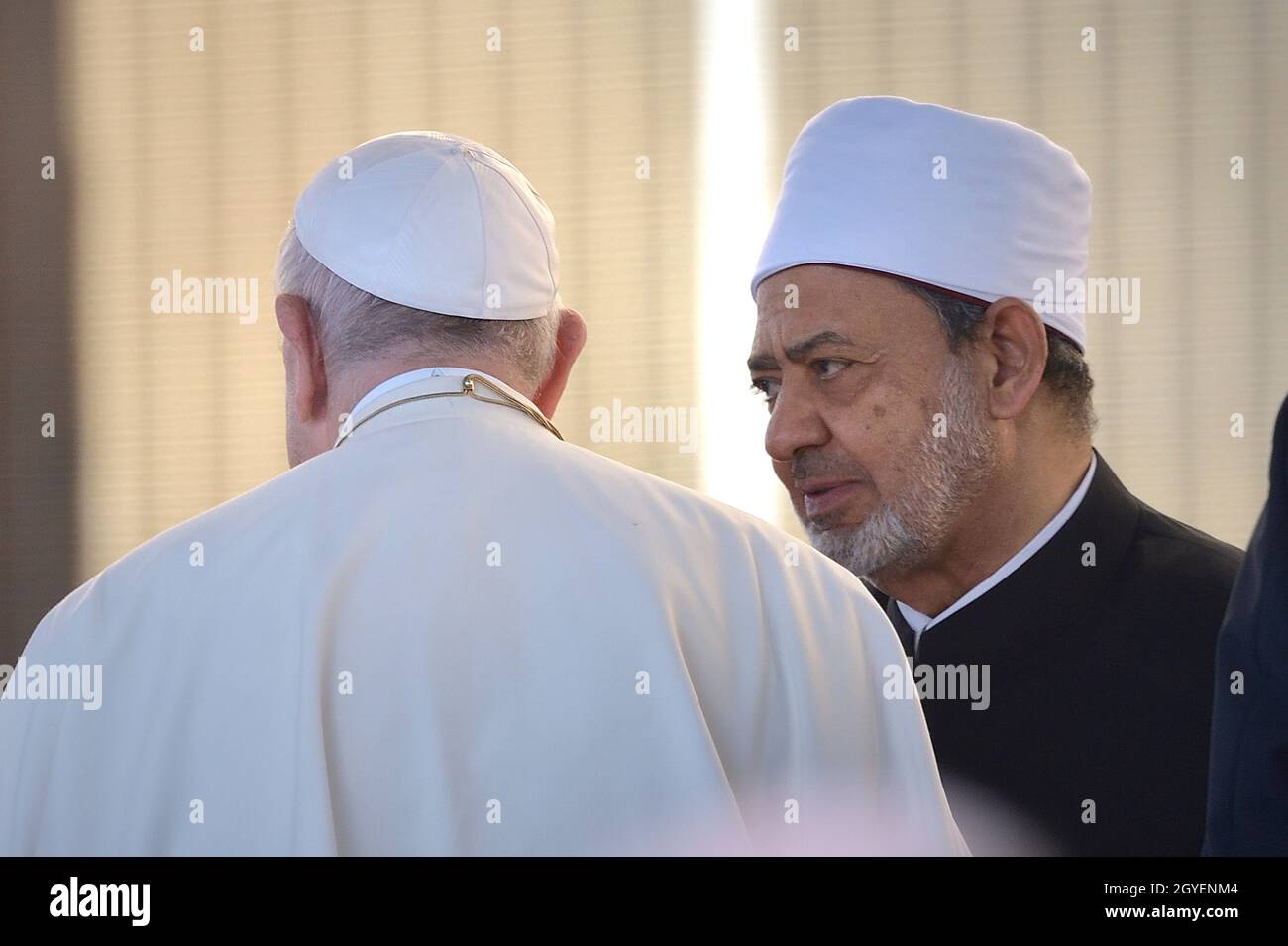 ROME, ITALY - OCTOBER 07: Pope Francis and grand imam of Al Azhar Sheikh Ahmed al-Tayeb chats during at Rome's Colosseum for an International Meeting for Peace with leaders of various religions and confessions on October 07, 2021 in Rome, Italy. The St. Egidio Community has held a two-day peace meeting in Rome which was attended by numerous faith leaders from across the globe. s Brothers, Future Earth', the event sa Credit: dpa picture alliance/Alamy Live News Stock Photo