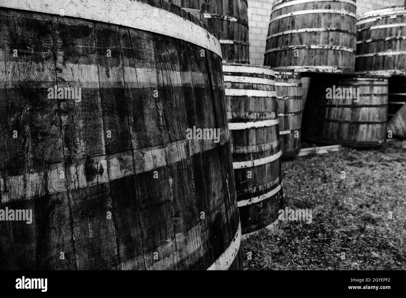Detail of old containers for alcoholic beverages, wine culture, transportation and conservation Stock Photo