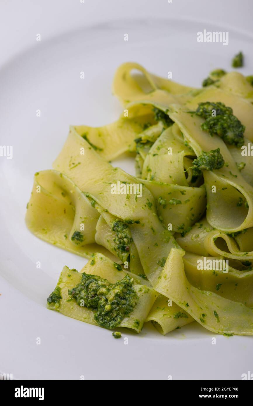 tagliatelli pasta with wild garlic pesto Stock Photo