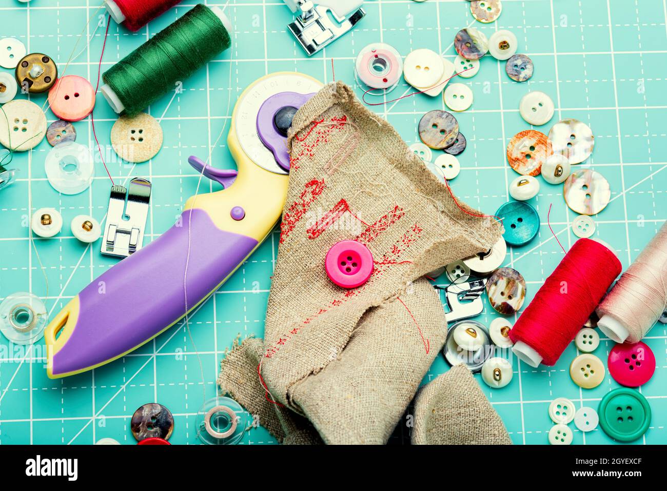 Sewing kit,thread,cloth and buttons.Sewing background,accessories for sewing Stock Photo Alamy