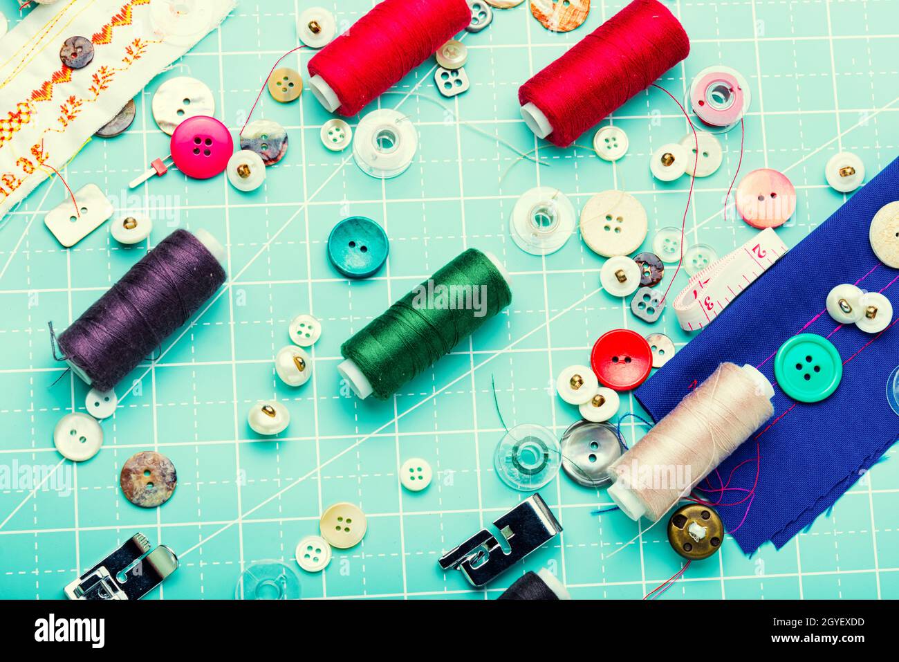 Sewing kit,thread,cloth and buttons.Sewing background,accessories for sewing Stock Photo Alamy