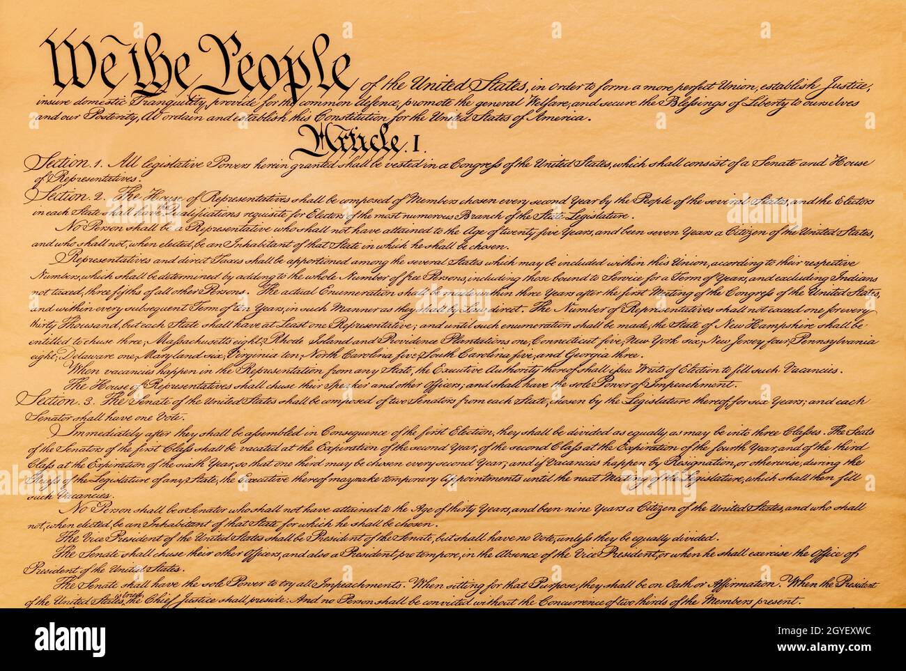 The US constitution is among the most prolific documents ever to be written. This image shoes the intent, we the people, that means that government is Stock Photo