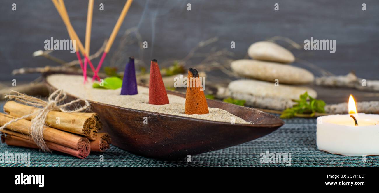 zen image with different types of incense with smoke Stock Photo Alamy