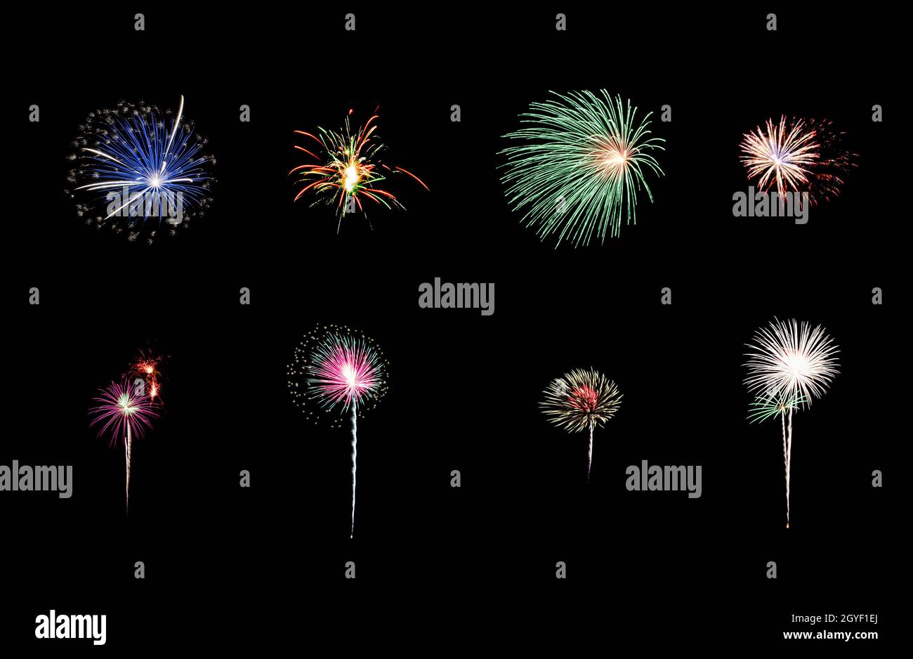 Collection of colorful festive eight fireworks exploding over night sky, isolated on black background Stock Photo