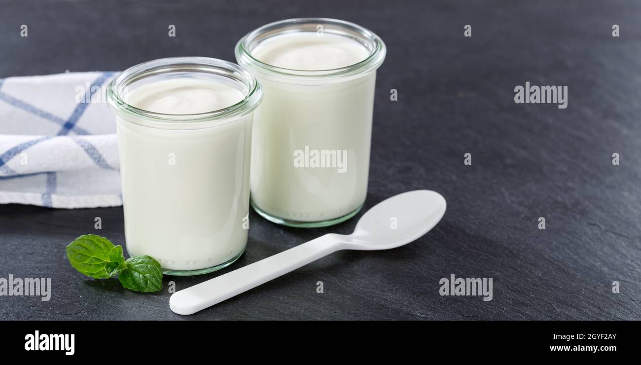 Natural yogurt breakfast healthy organic eating yoghurt food on a slate