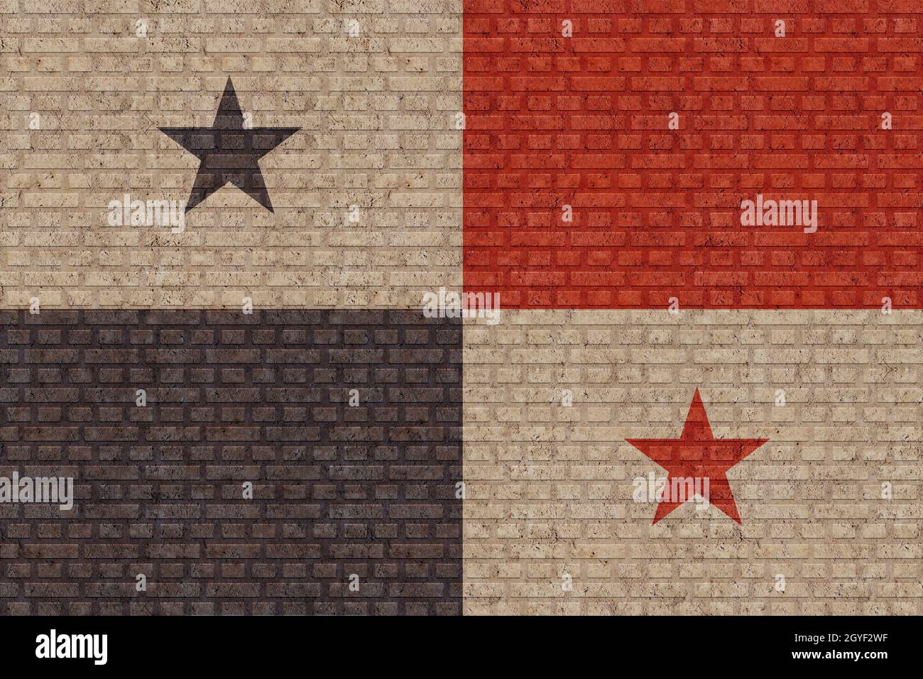 3D Flag of Panama on a old brick wall background. Stock Photo