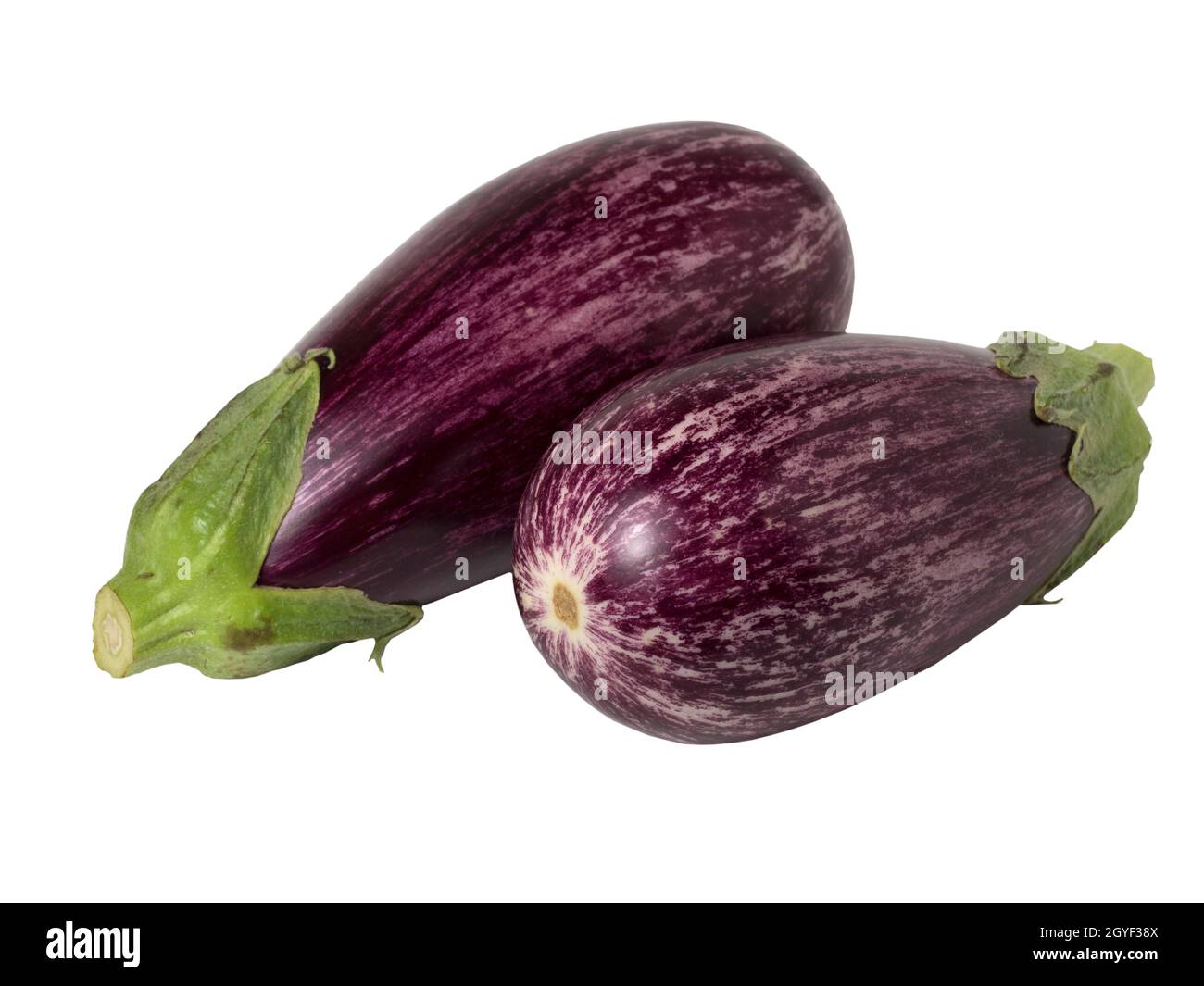 Two ripe graffiti eggplants isolated on a white background. Stock Photo