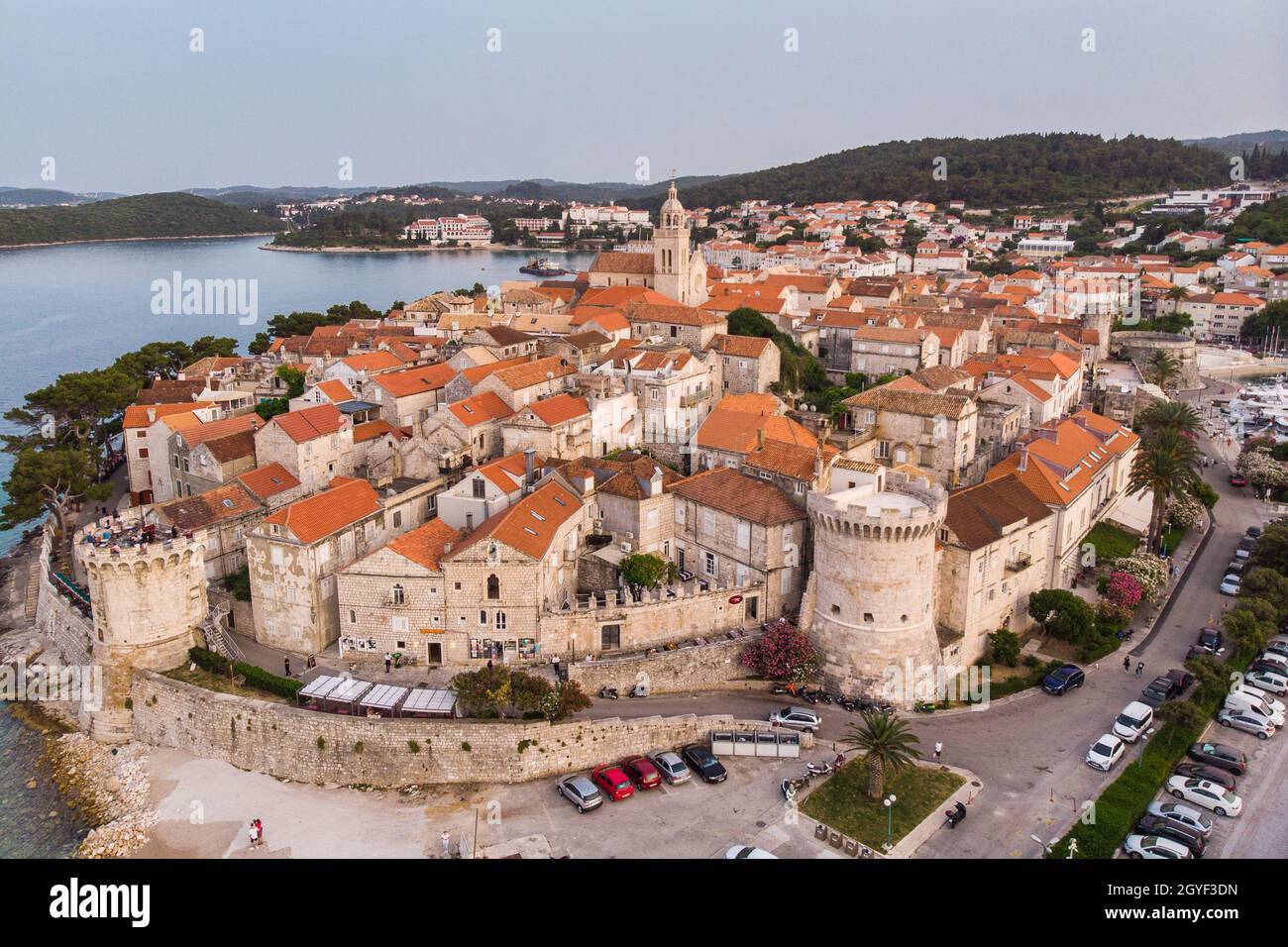 Aerial Drone View Of Korcula Old Town Dalmatia Croatia Stock Photo aerial-drone-view-of-korcula-old-town-dalmatia-croatia-stock-photo