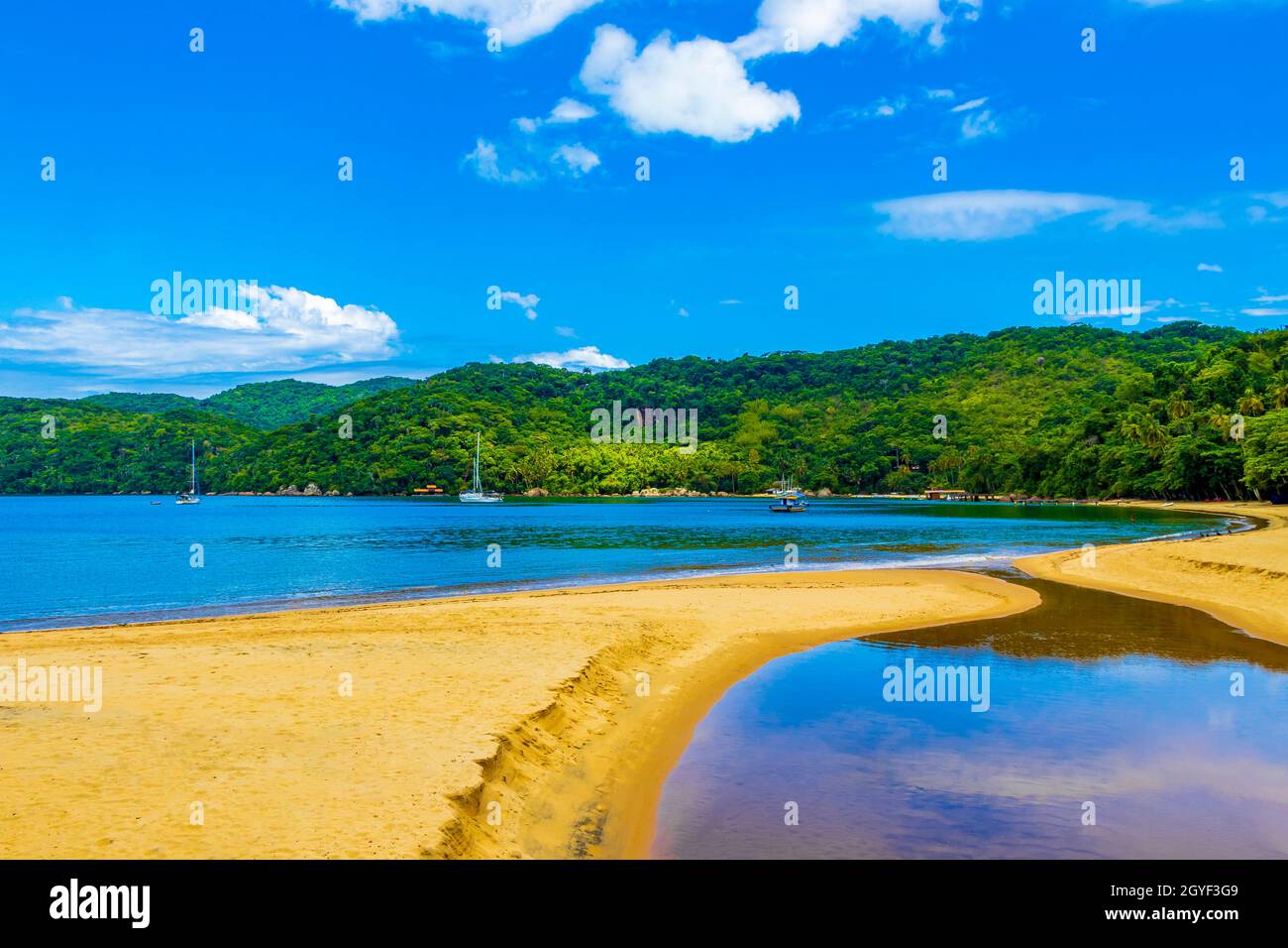 Amazing Mangrove beach and Pouso beach on the big tropical island Ilha Grande in Angra dos Reis Rio de Janeiro Brazil. Stock Photo