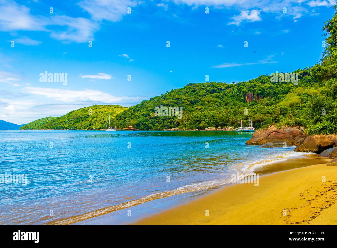 Amazing Mangrove beach and Pouso beach on the big tropical island Ilha Grande in Angra dos Reis Rio de Janeiro Brazil. Stock Photo