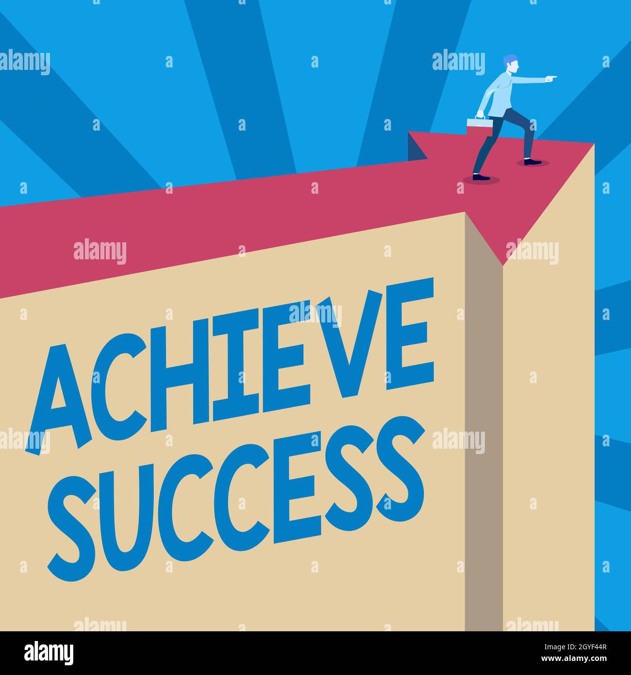 Handwriting text Achieve Success, Word for to attain a desired end or aim Achievement of something Man Illustration Carrying Suitcase On Top Of Arrow Stock Photo