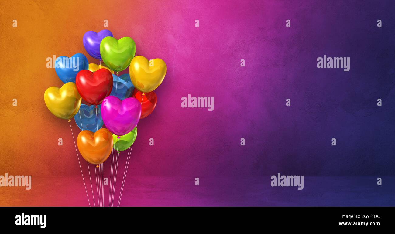 Colorful heart shape balloons bunch on a rainbow wall background ...