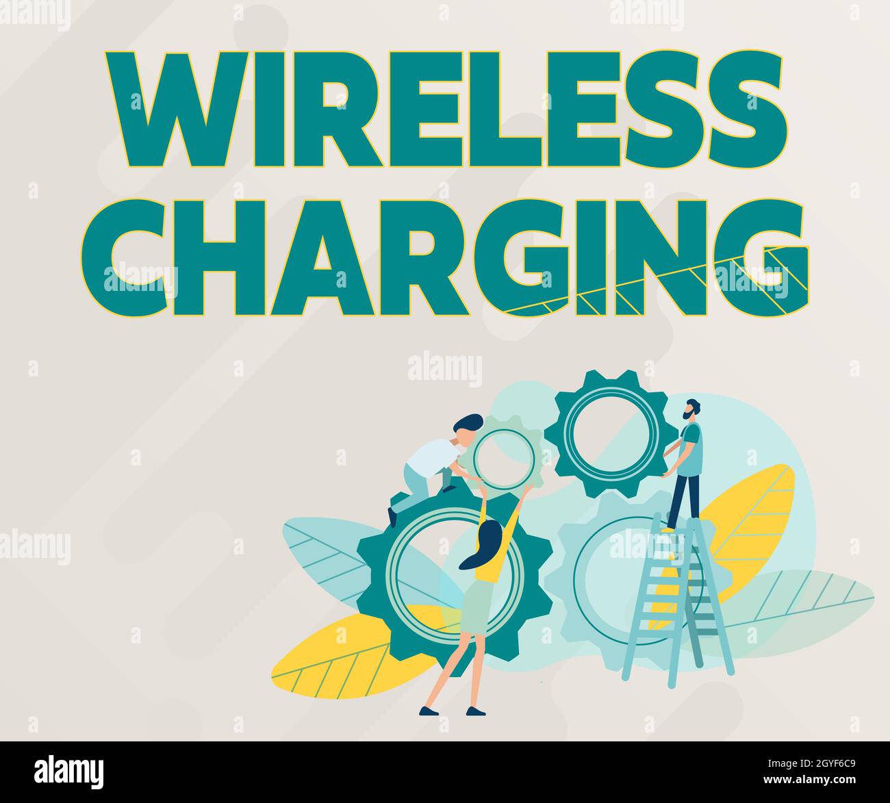 Conceptual display Wireless Charging, Word for methods of charging batteries without the use of cables Abstract Helping Build Community, Society Worki Stock Photo