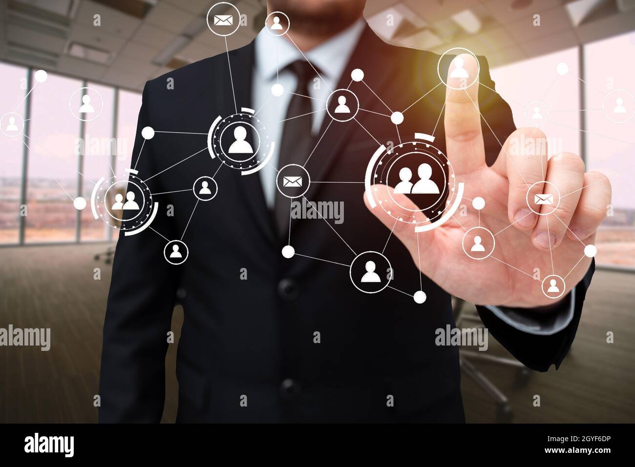 Man In Office Uniform Standing Pressing Virtual Button Holding Tablet. Stock Photo