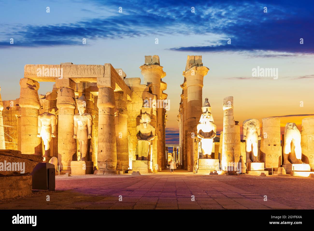 Beautiful Luxor temple, first pylon ruins, night lights, Egypt Stock