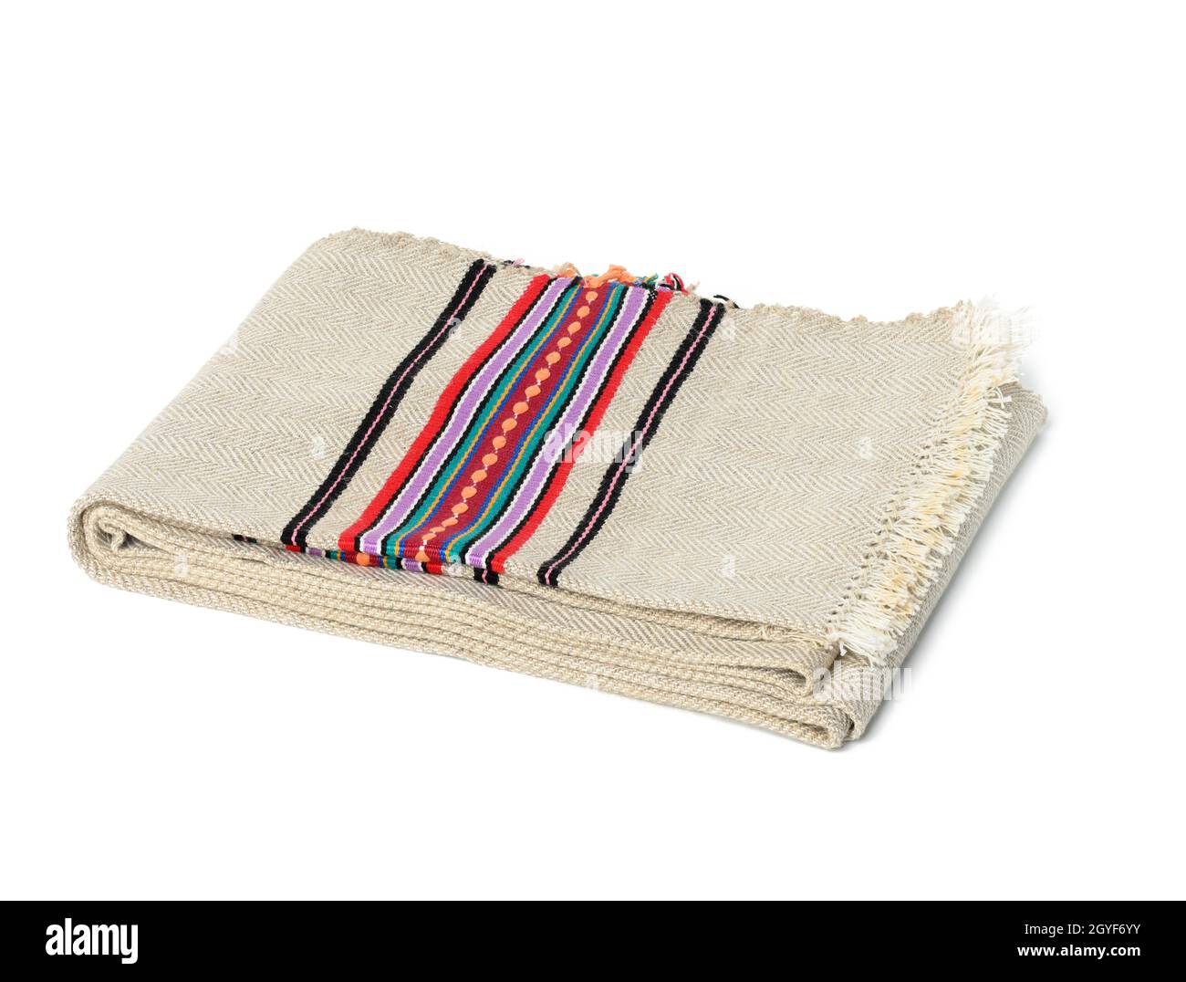 folded gray linen tea towel on white background, top view Stock Photo
