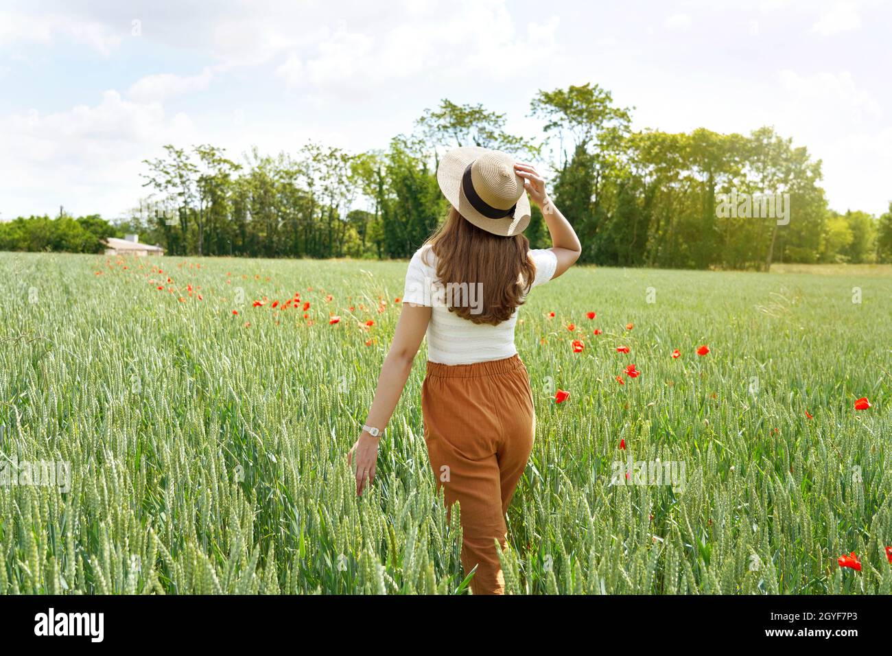 Back view of a young woman who regenerates herself walking in the ...