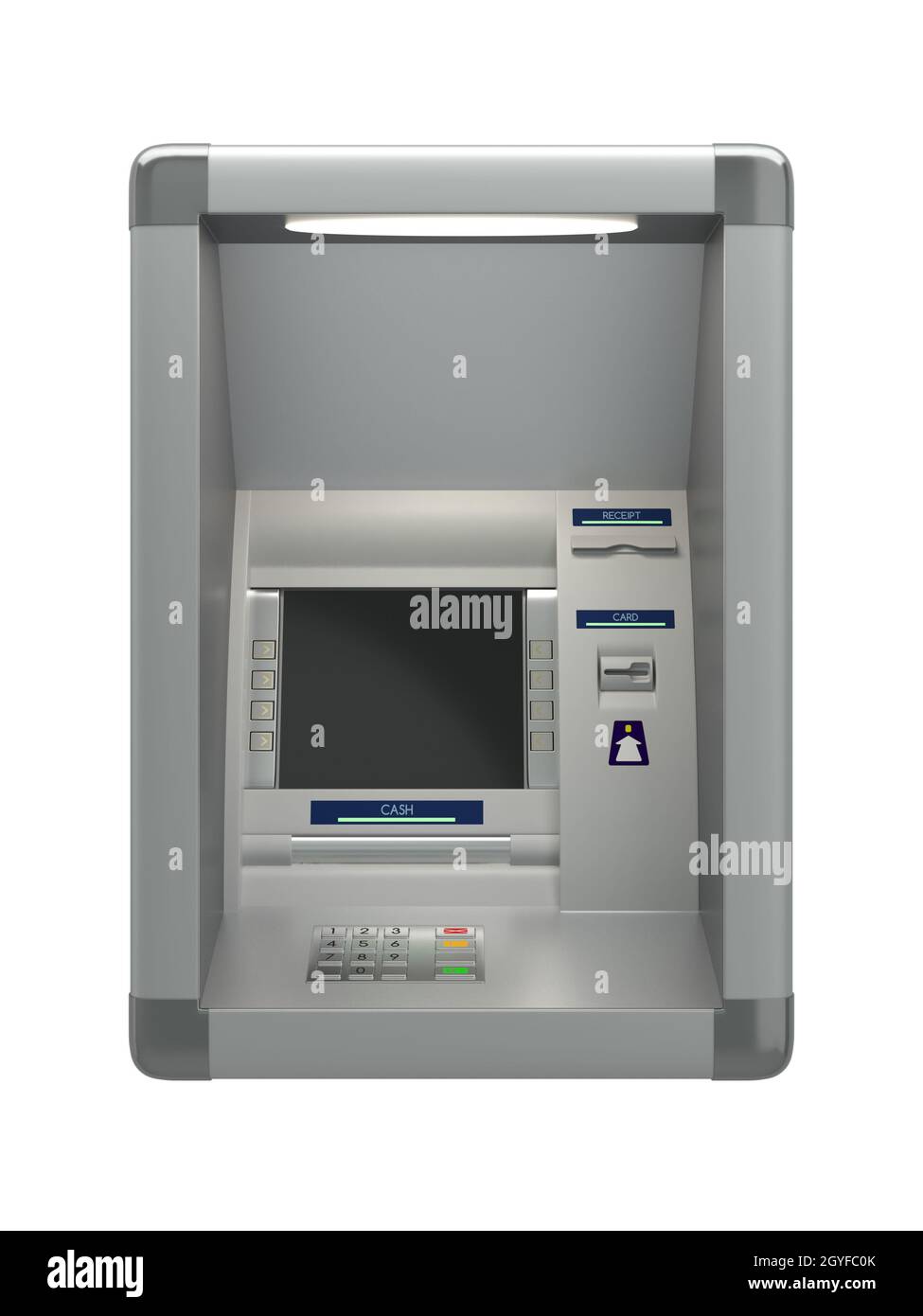 Atm machine with a card reader. Display screen, buttons, cash dispenser, receipt printer. Pin code safety, automatic banking, electronic cash withdraw Stock Photo