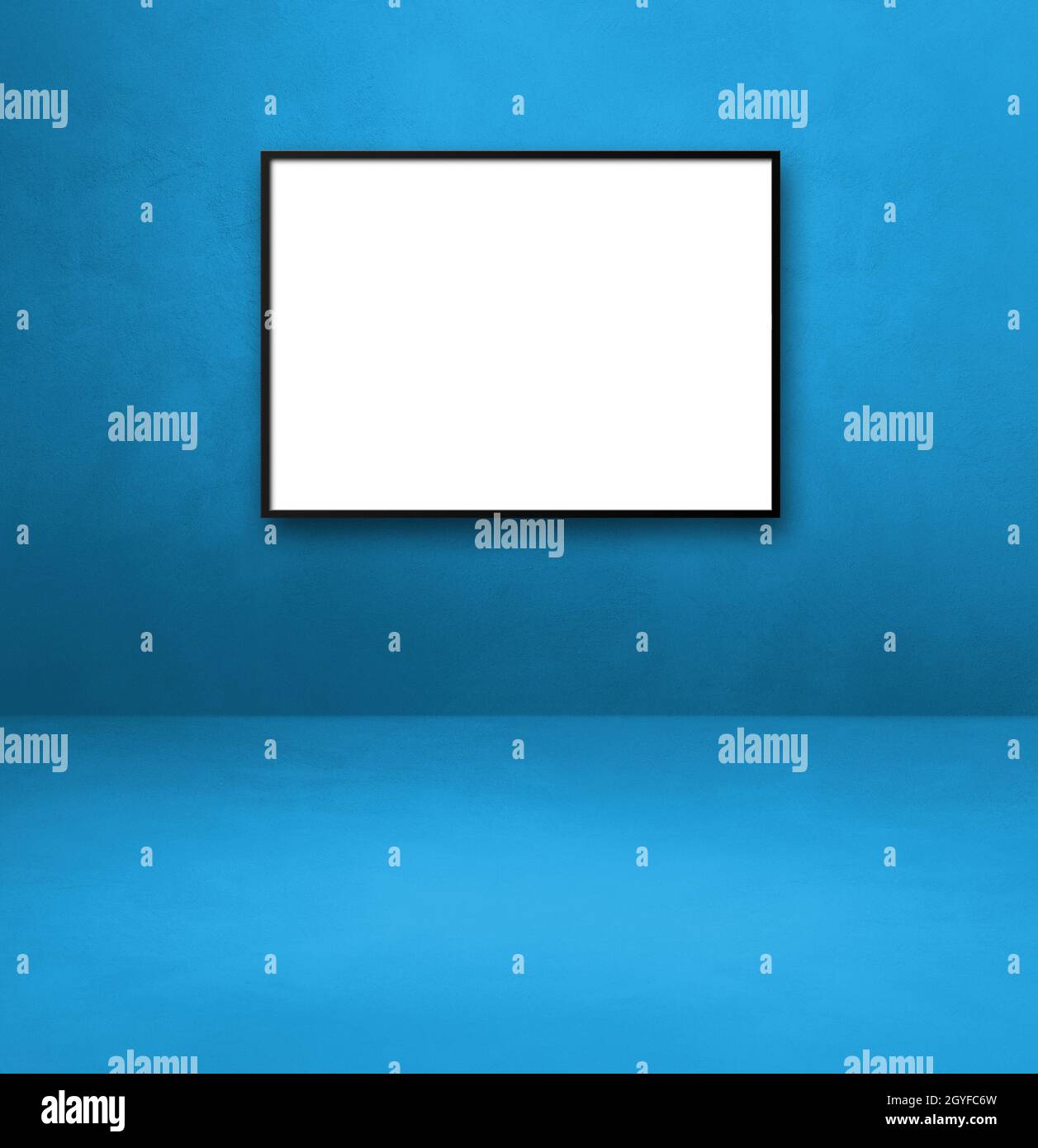 Black picture frame hanging on a blue wall. Blank mockup template Stock ...
