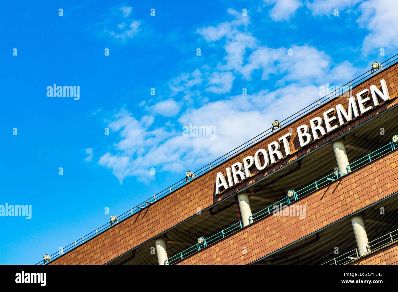 Lettering and logo on the building of Airport Bremen in Germany Stock
