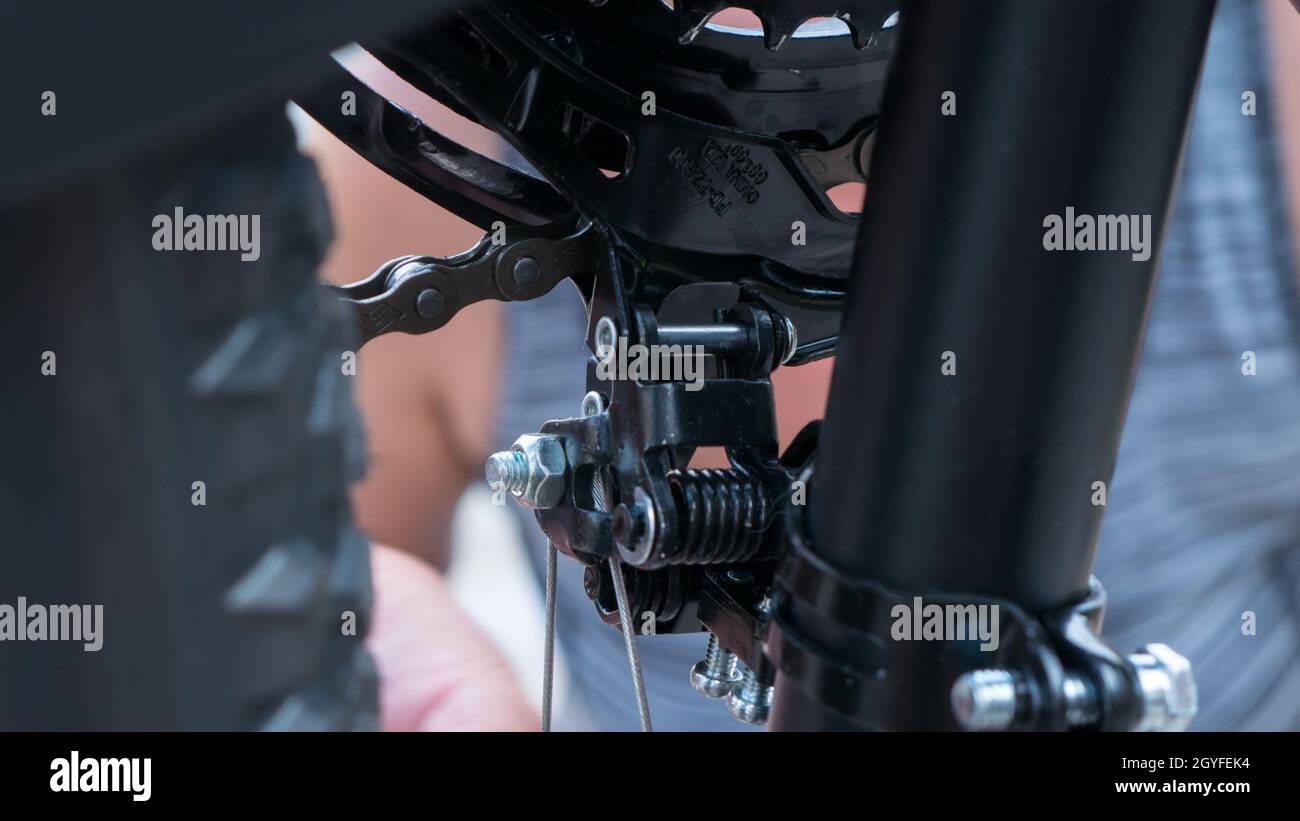 closeup of the rear and front chain shift chainring adjustment of a MTB mountain bike Stock