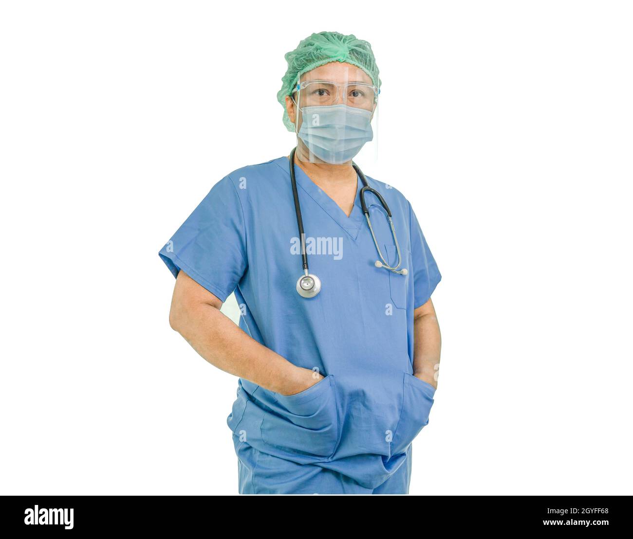 Asian doctor wearing face shield and PPE suit new normal to check patient protect safety infection Covid-19 Coronavirus isolated on white background w Stock Photo