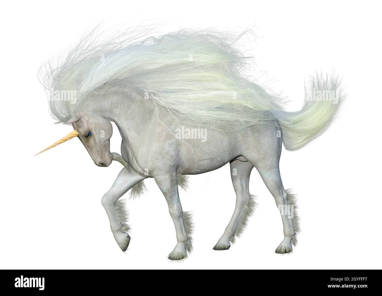 3D rendering of a fantasy white unicorn isolated on white background ...