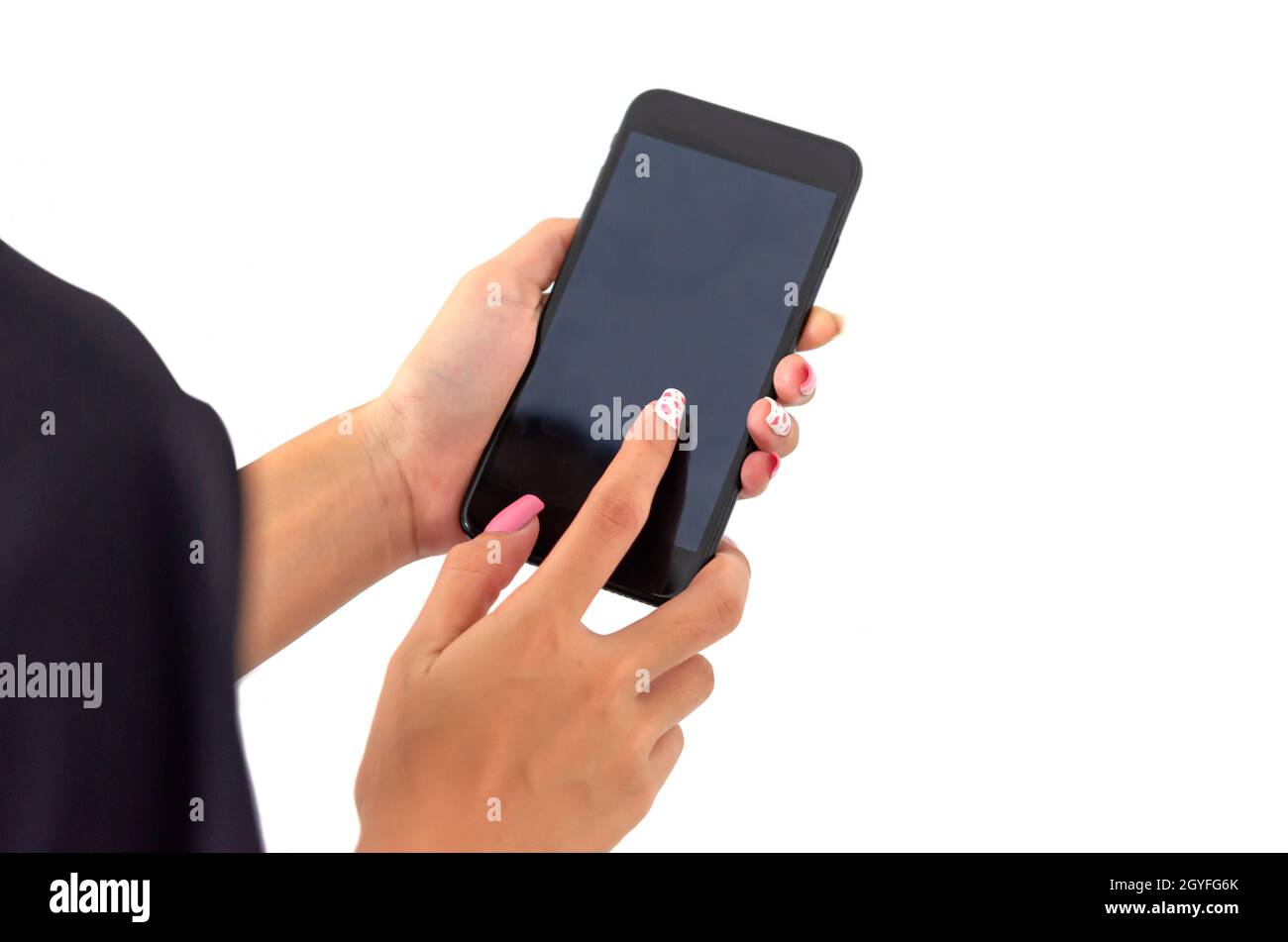 Hand woman holding smart phone on the white background Stock Photo - Alamy