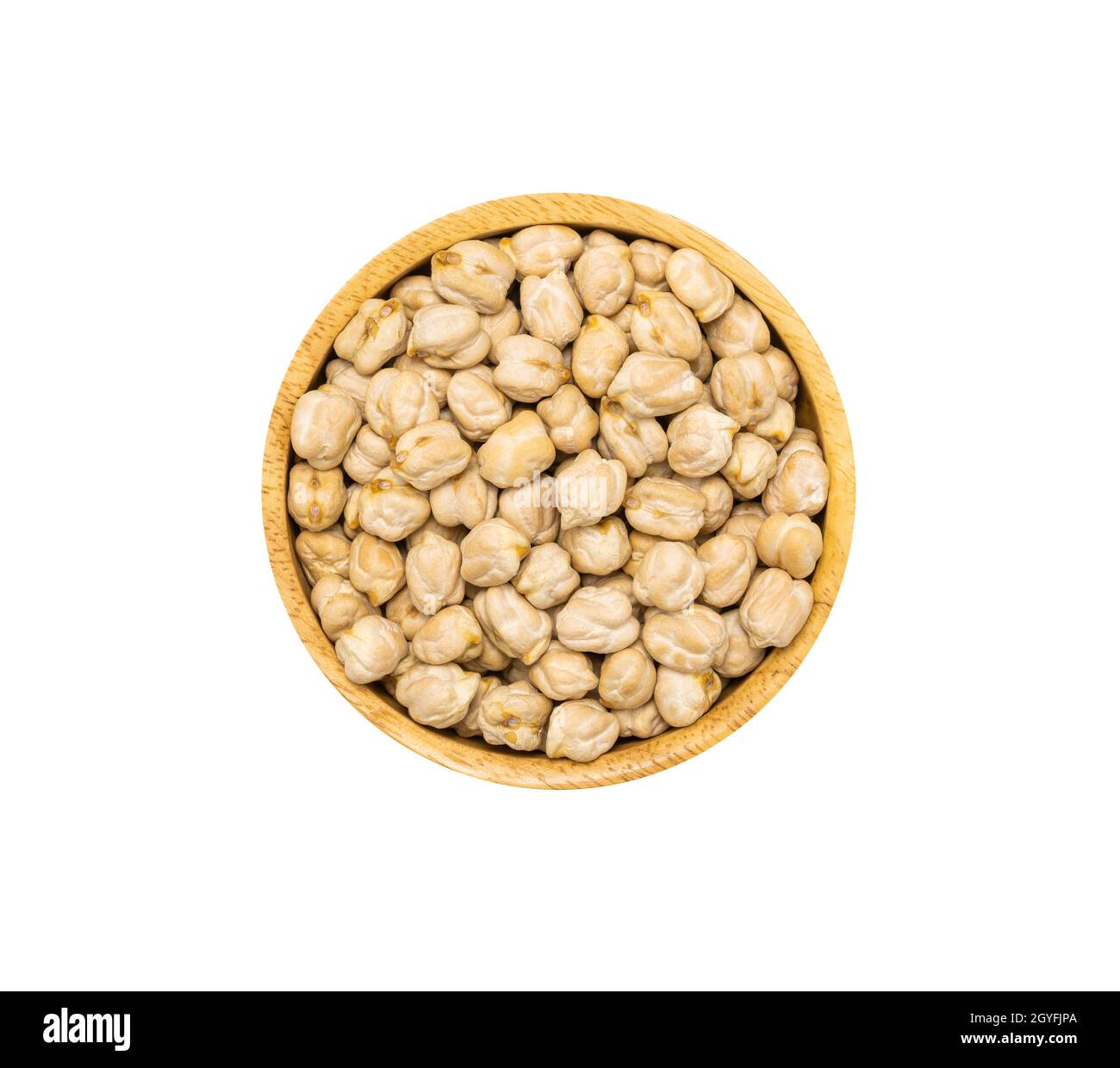 Chickpea seeds or Garganzo beans in brown wooden bowl isolated on white background, top view. Healthy organic super food concept Stock Photo