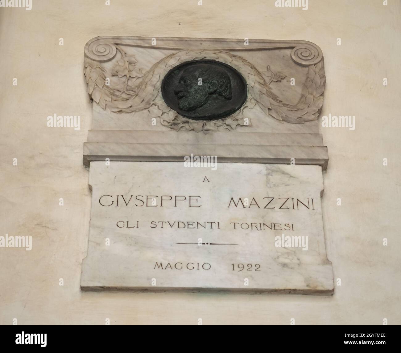 TURIN, ITALY - CIRCA AUGUST 2021: Plaque of Giuseppe Mazzini at Turin University circa 1921 by unknown artist Stock Photo