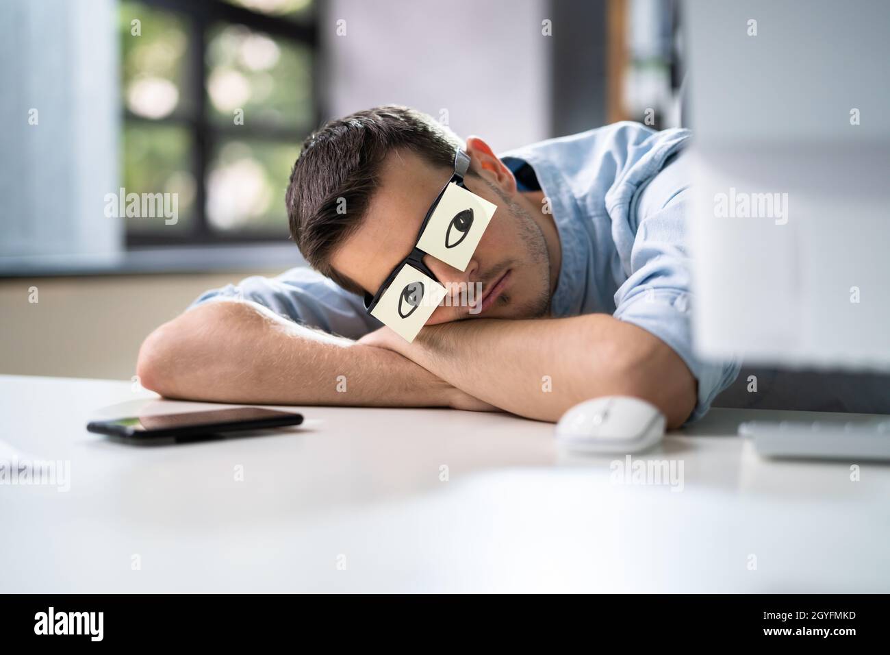 Tired Unhappy Businessperson Sleeping In Office. Bored Man Stock Photo ...