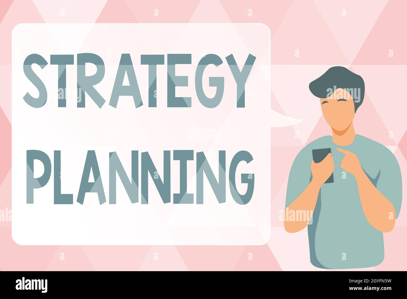 Conceptual display Strategy Planning, Business idea A systematic process of envisioning a desired future Man Illustration Using Mobile And Displaying Stock Photo