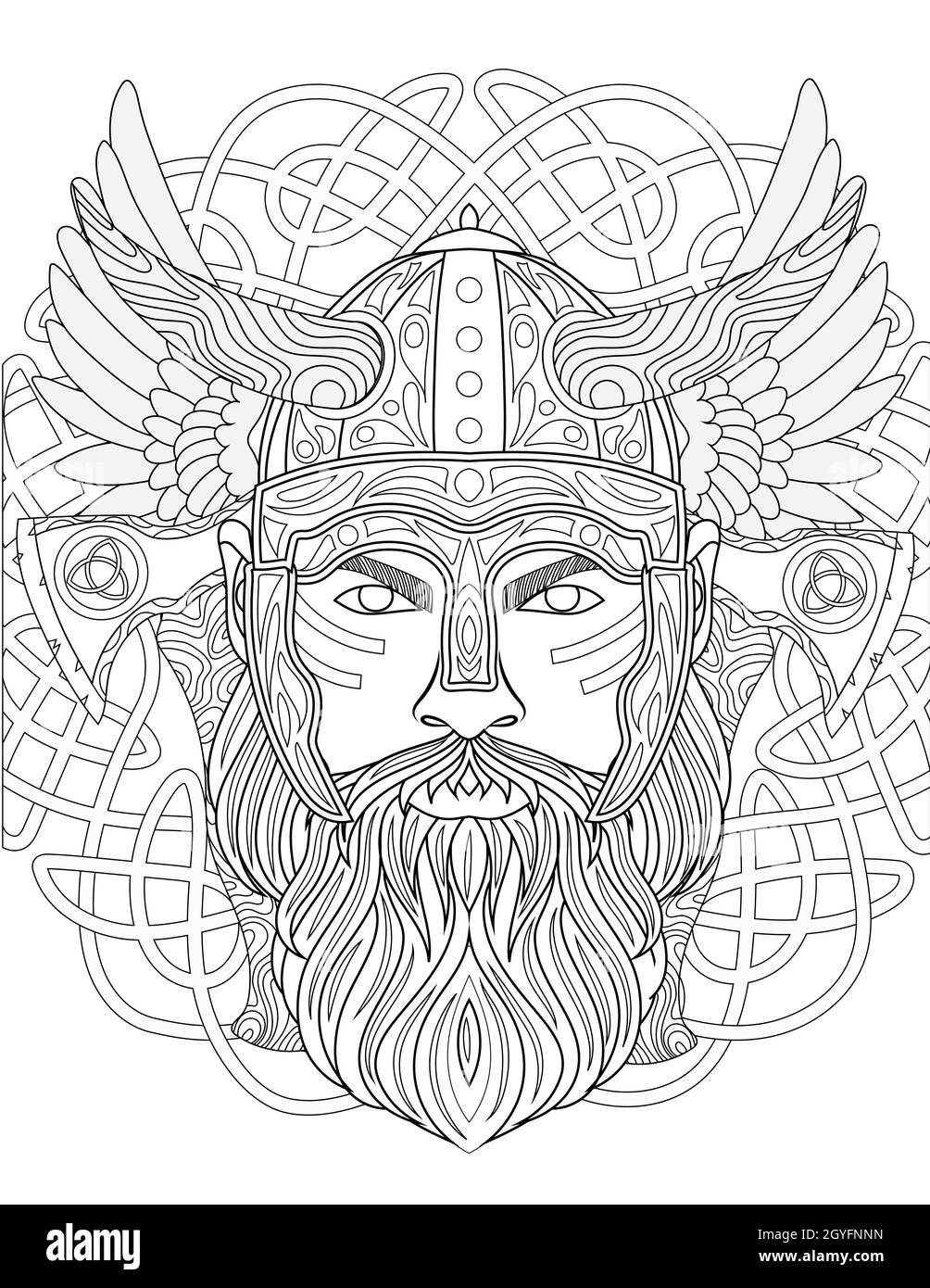 Line Drawing Of Barbarian Wearing Helmet With Horns Staring Forward. Stock Photo