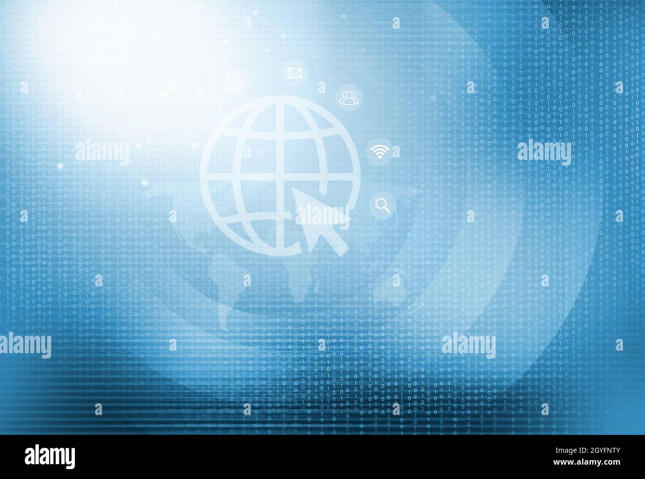 Internet connectivity concept, binary code background with icons, using digital data technologies. Stock Photo