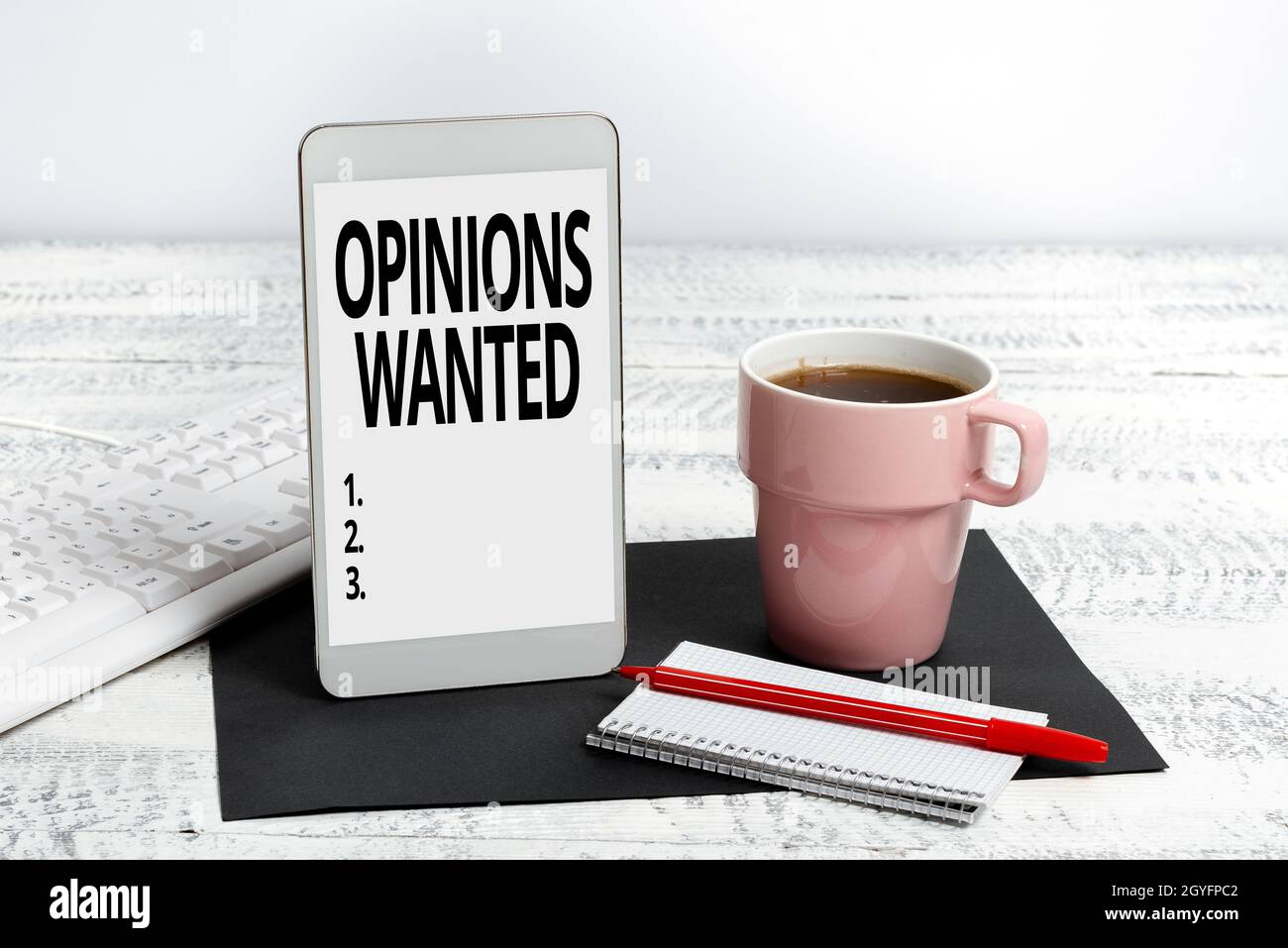 Conceptual caption Opinions Wanted, Internet Concept judgment or advice by an expert wanted a second opinion Wireless Communications Voice And Video C Stock Photo