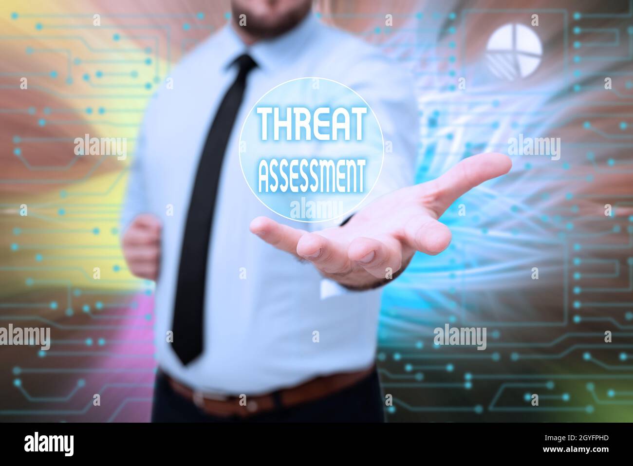 Sign displaying Threat Assessment, Business showcase determining the seriousness of a potential threat Gentelman Uniform Standing Holding New Futurist Stock Photo