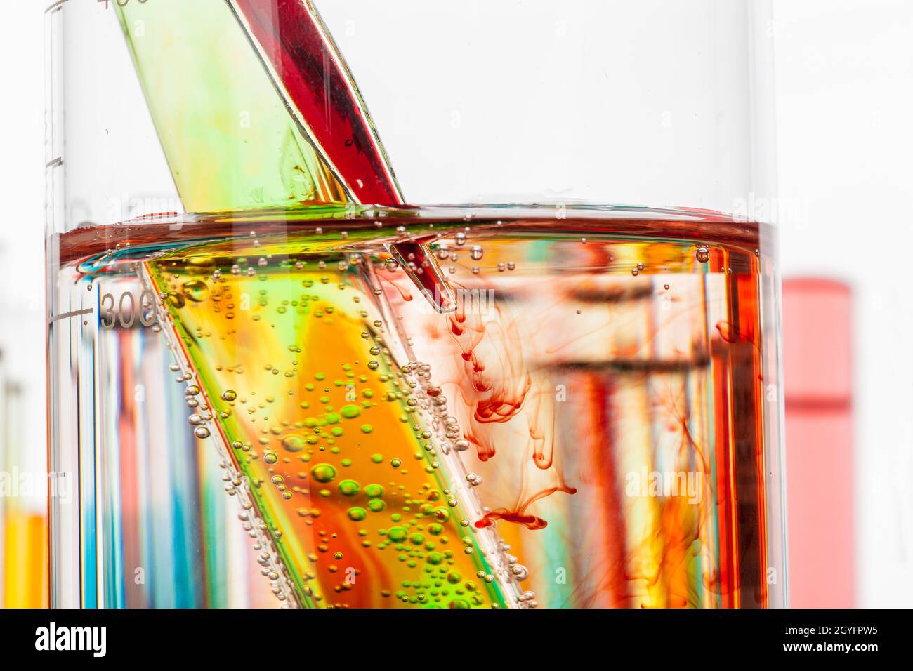 Test tubes with colorful chemicals close up in laboratory Stock Photo ...