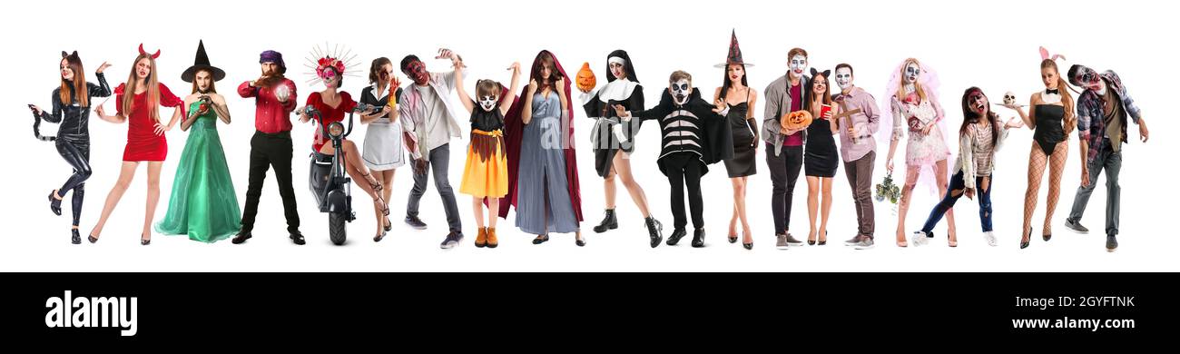 Group of people dressed for Halloween on white background Stock Photo